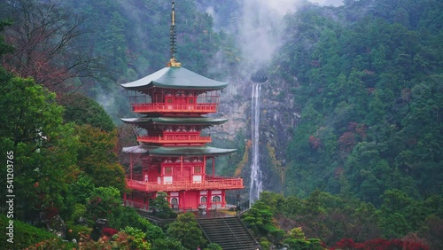 Nachi waterfall with red pagoda, Nachi, Wakayama, Japan photo