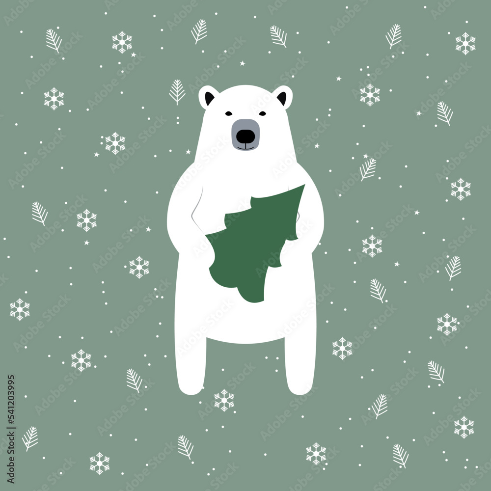 illustration in flat style with polar bear. polar bear holding a Christmas tree illustration in flat style with polar bear. polar bear holding a Christmas tree