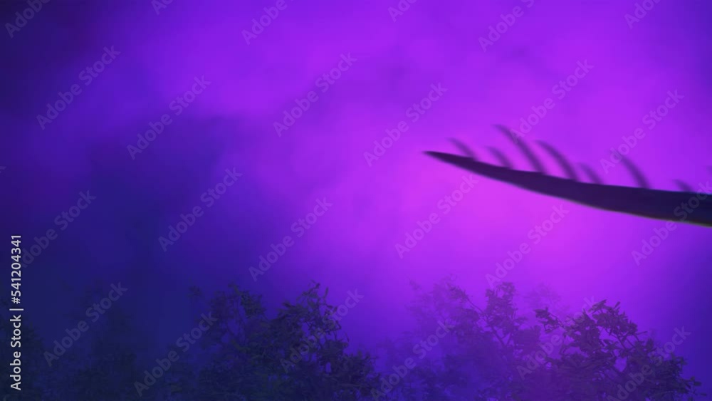 A magnificent dragon flies over the bending trees from the wind into a hurricane. Strong wind, lightning flashes, purple glow. 3d loop animation