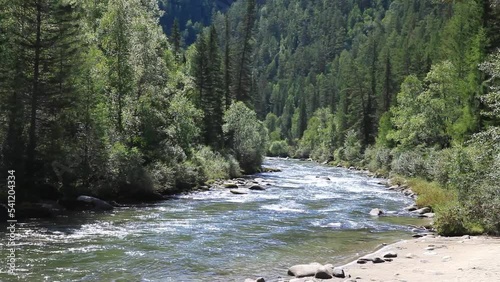 Fast mountain river with clear blue water and green forest along banks on sunny day. Beautiful summer landscape. Natural background. Ehe-Ukhgun river, Nilovka, Tunka foothill valley, Buryatia photo