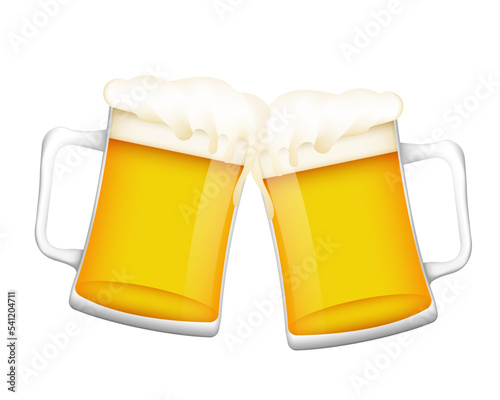 Clinking mugs with yellow beer and foam