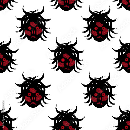 Seamless background with head of a monster with red eyes, open wounds on the face, a terrible mouth and hair in the form of snakes. Horror concept for Halloween. A banner for a Halloween party. 