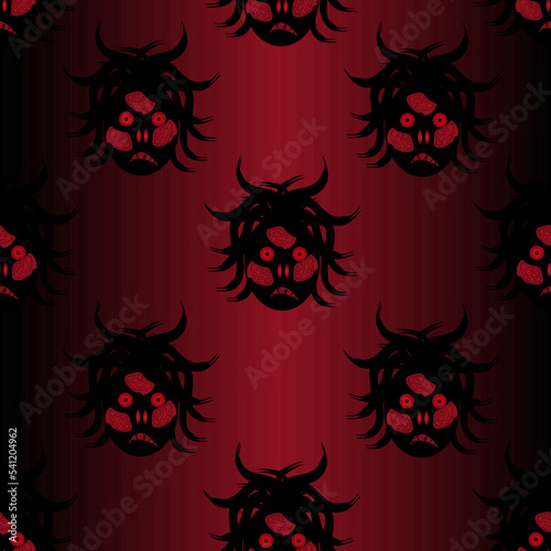 Seamless background with head of a monster with red eyes, open wounds on the face, a terrible mouth and hair in the form of snakes. Horror concept for Halloween. A banner for a Halloween party. 