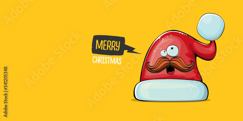 Vector cartoon Santa Claus red hat with smile face isolated on orange horizontal bannner background. Merry Christmas greeting banner with funny monster Santa Claus hat. Santa hat