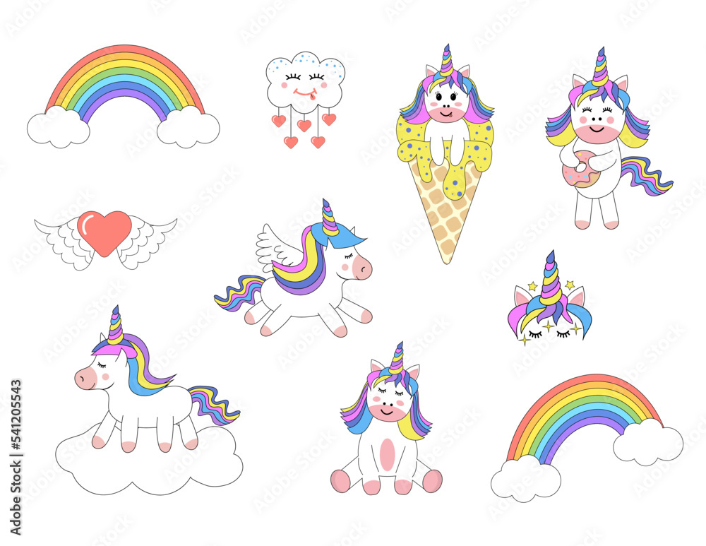 Cute unicorns, rainbows, cloud set. Magical kawaii characters. Design for stickers, cards, posters, t-shirts, invitations, baby shower, birthday, room decor.