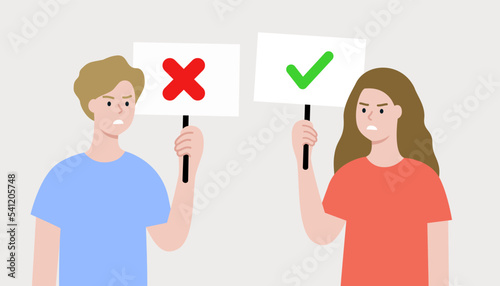 Man and woman with different opinions holding yes or no banners and signs placard. People having conflict. Debate, argument, Disagreement concept. Flat cartoon vector design illustration.