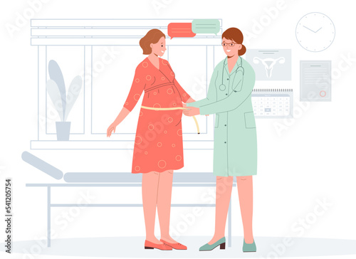 Gynecology doctor do check up of pregnant woman during appointment in clinic. Doctor measuring pregnant woman belly with tape. Healthy pregnancy concept