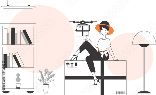A woman delivers a package with a drone. Air delivery concept. Minimalistic linear style.