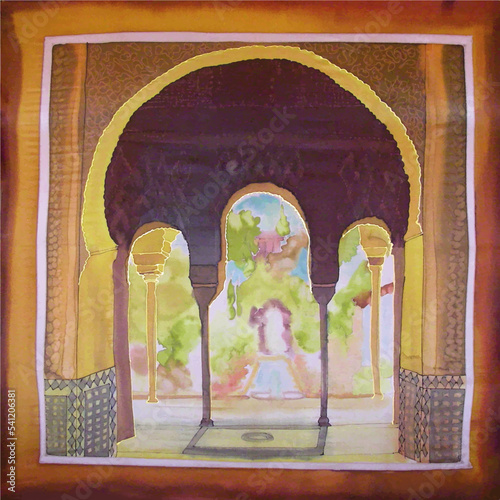 Vistas de patio y jardín de la "Alhambra" de Granada, columnas, Ilustración con arco decorativo con motivos geométricos, pintado a mano en pañuelo de seda