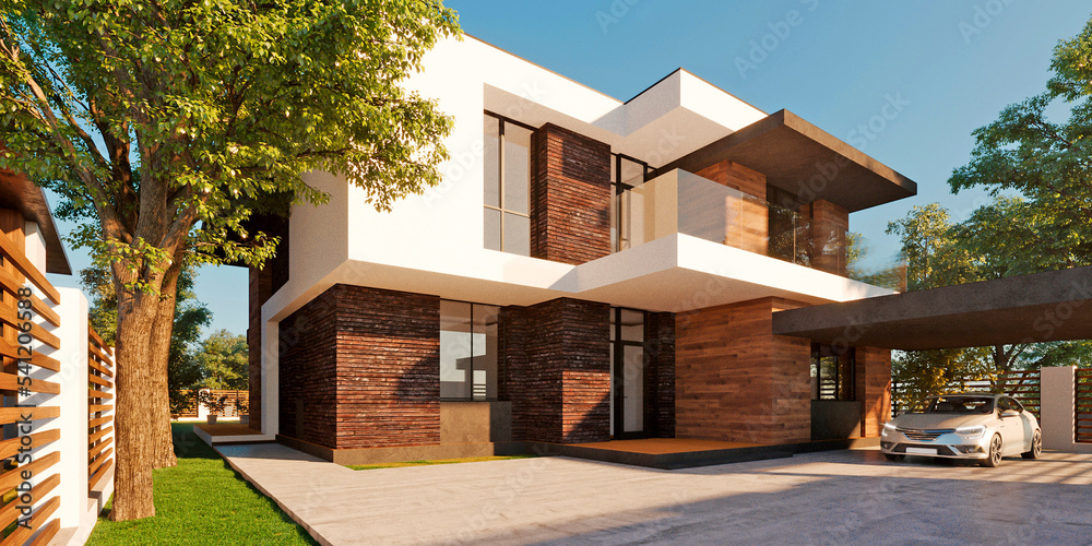 Fototapeta premium 3D visualization of a modern house with a flat roof and panoramic windows. House with a terrace. Exterior. wooden facade