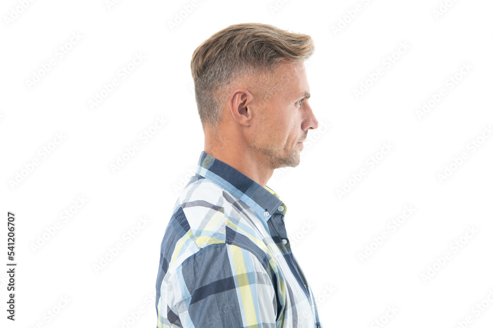profile of grizzled man in checkered shirt. unshaven man skincare. studio profile of grizzled man profile of grizzled man in checkered shirt. unshaven man skincare. studio profile of grizzled man