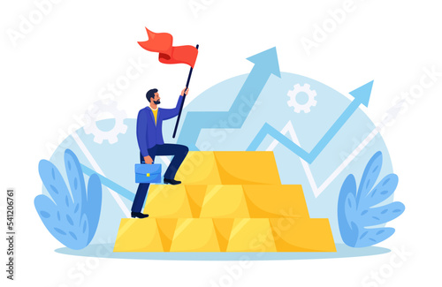 Gold investment. Successful investor or trader climbs up on stack of gold bar bullion. Employee making investing plans. Wealth management in financial crisis.  Financial literacy. Asset allocation