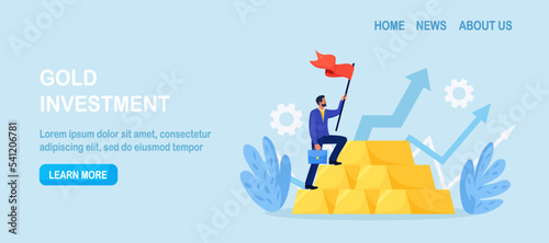 Gold investment. Successful investor or trader climbs up on stack of gold bar bullion. Employee making investing plans. Wealth management in financial crisis.  Financial literacy. Asset allocation