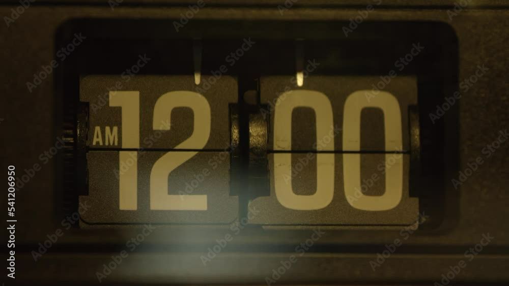 Flip Clock. Flipping 12 am. Vintage Clock Face. Retro Flip Clock