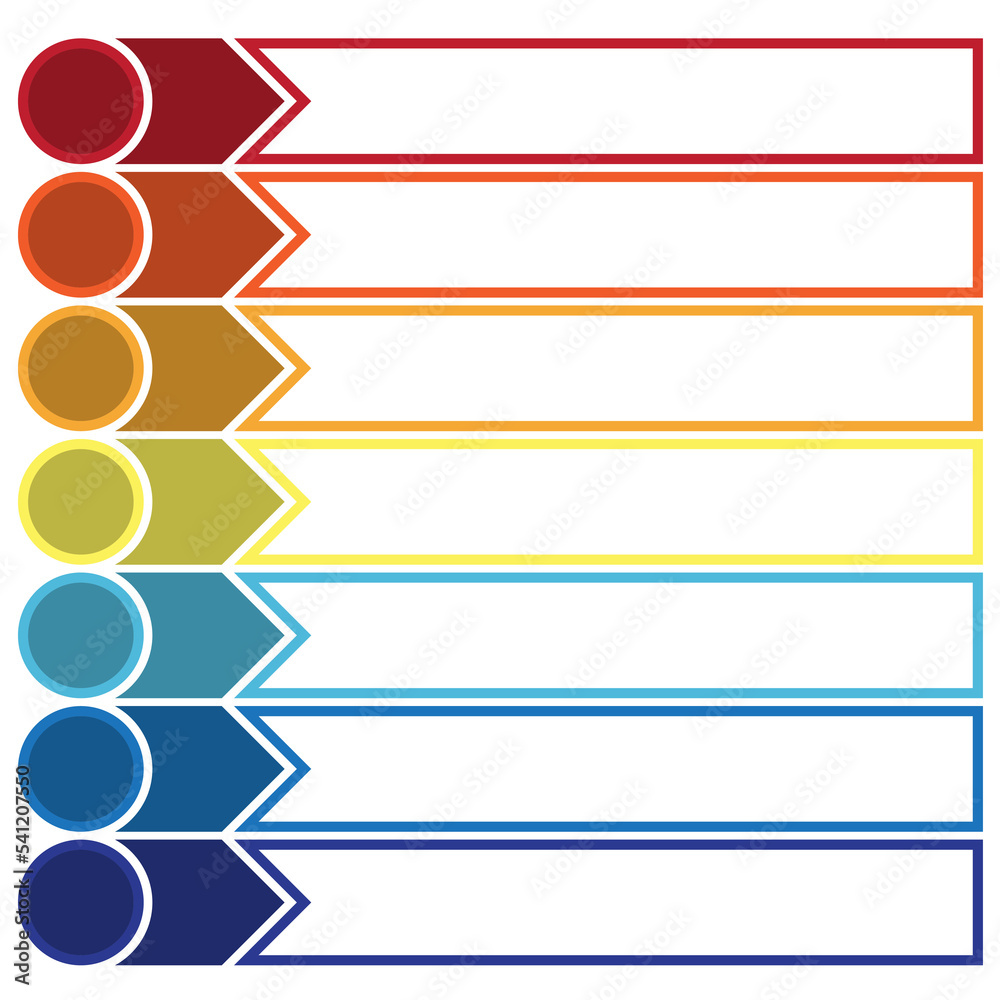 Obraz premium Infographic template, colorful circles and horizontal arrows and lines 7 positions, isolated