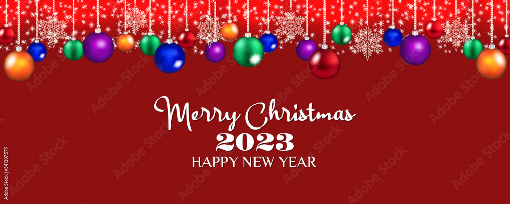 Naklejka premium Vector inscription Merry Christmas and Happy New Year 2023. Festive wide banner. Colored balls toys and white snowflakes on a red background