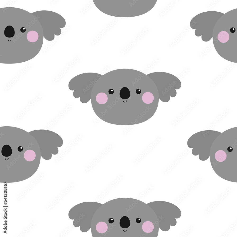 Seamless pattern. Koala bear face icon. Cute cartoon funny baby character. Kawaii animal. Pink cheek. Kids childish texture for fabric, wrapping paper, textile print. Flat design. White background.