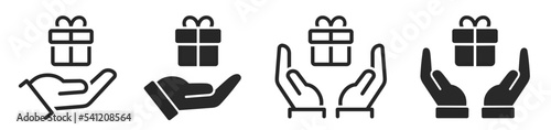 Gift in hand icons set. Hands holding gift box with ribbon icon. Surprise icon. New year, birthday and Christmas. Gift box with ribbon flat and line style - stock vector.