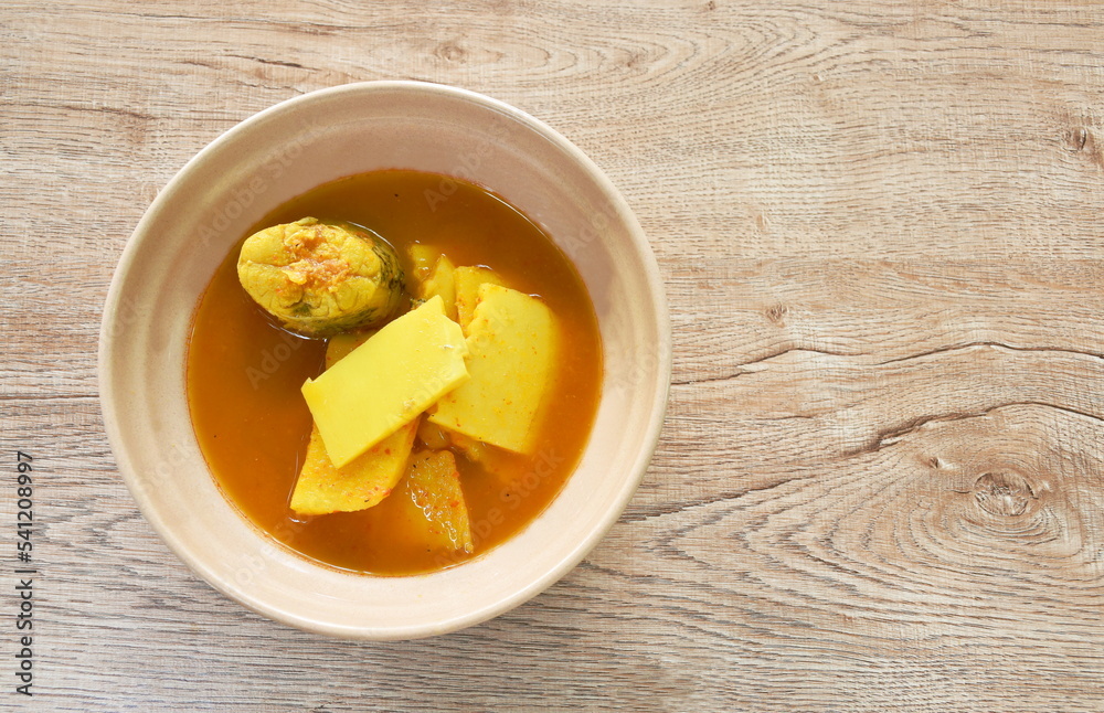 boiled barracuda fish with pickled bamboo shoot in spicy and sour soup on bowl boiled barracuda fish with pickled bamboo shoot in spicy and sour soup on bowl