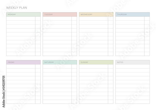 A weekly plan design template in a modern, simple, and minimalist style. Note, scheduler, diary, calendar, planner document template illustration.