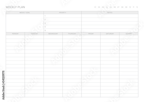 A weekly plan design template in a modern, simple, and minimalist style. Note, scheduler, diary, calendar, planner document template illustration.
