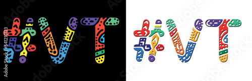VT Hashtag. Multicolored bright isolate curves doodle letters. Hashtag #VT is abbreviation for the US American state Vermont. Set for social network, web resources, mobile apps.