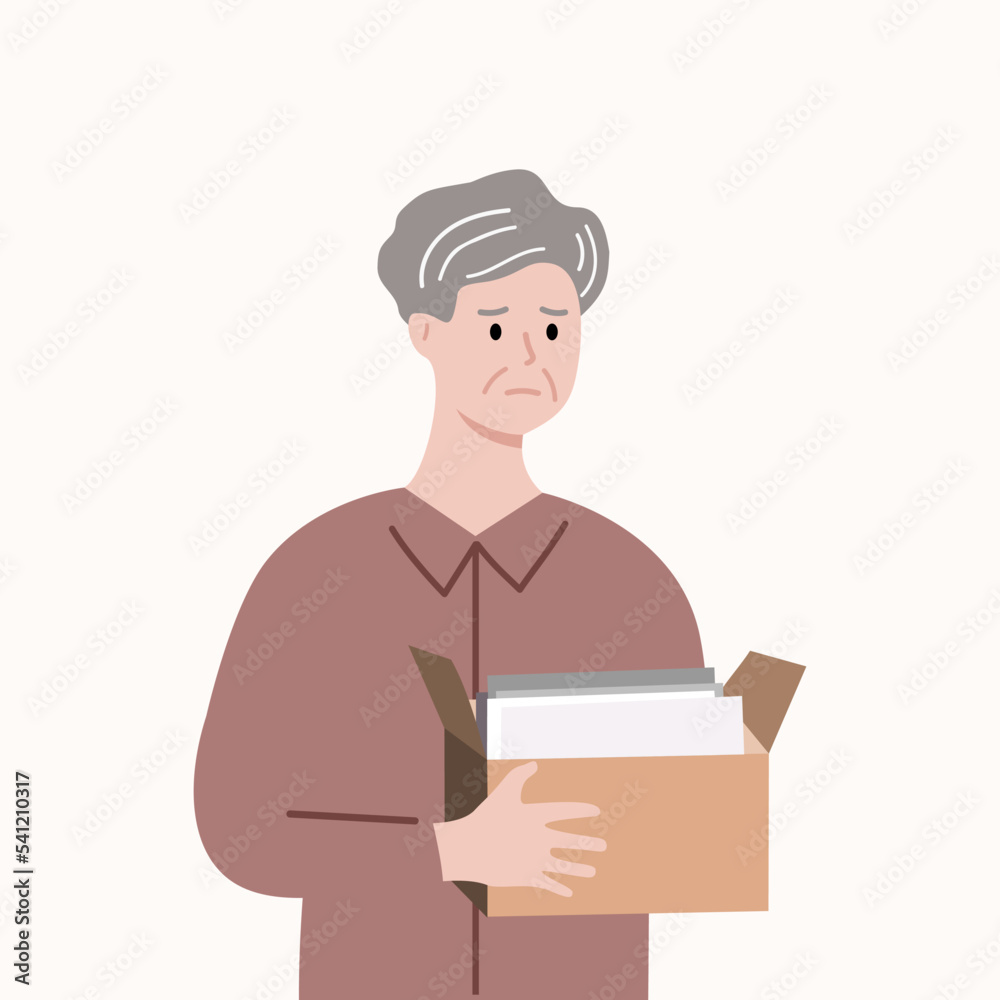 Depressed old man fired from job. Businessman holding a box leaving office. Business closure, layoff, unemployment concepts. Flat character vector design isolated illustration. Depressed old man fired from job. Businessman holding a box leaving office. Business closure, layoff, unemployment concepts. Flat character vector design isolated illustration.