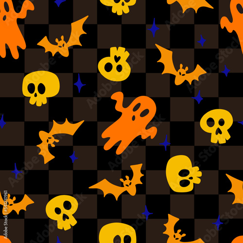 Halloween Ghost and Skulls on Black Vector Seamless Pattern