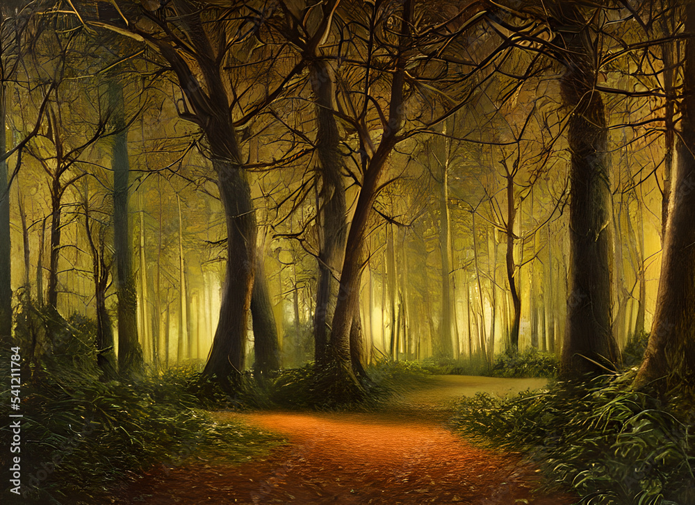 Obraz premium Forest Autumn Sun Morning Park Light Road Woods Misty Wood Fog Sunlight Sunrise Mist Summer Green Tree Landscape Pine Nature Path Trees Foggy Woodland Foliage