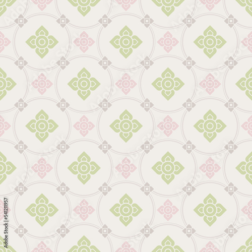 Seamless modern Thai art pattern. A diamond-shaped flower is enclosed in a circle. Dark brown lines, light brown background. Vector illustration.