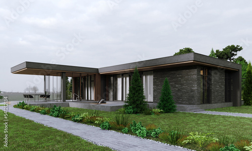 3D visualization of a house with a brick and wooden facade. Lake house. Terrace. panoramic windows. House with a burglar