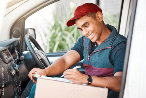 Delivery, black man and with checklist for package box and smile for delivery in truck, van or happy with work. Logistics, shipping or courier guy with clipboard to confirm address, parcel or vehicle