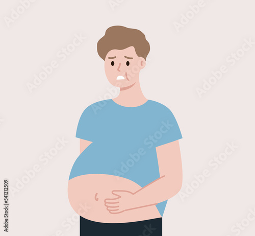 Worried Fat Man suffering obesity problem. Loss Weight, Health, diet, unhealthy eating, harmful habits, negative lifestyle concept. Flat cartoon vector illustration Isolated on background.
