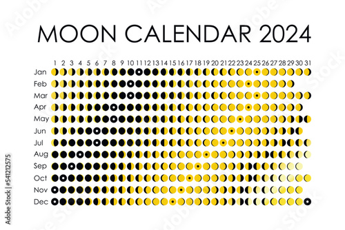 2024 Moon calendar. Astrological calendar design. planner. Place for stickers. Month cycle planner mockup. Isolated black and white background