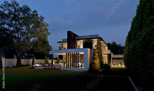 3D visualization of a modern house with a terrace and panoramic windows. Evening illumination of the facade. Exterior. House with a carport © House