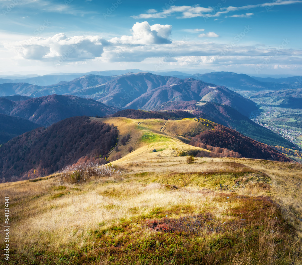 Beautiful autumn view in the mountains with colorful trees..The sky with clouds in the evening light. Artistic style