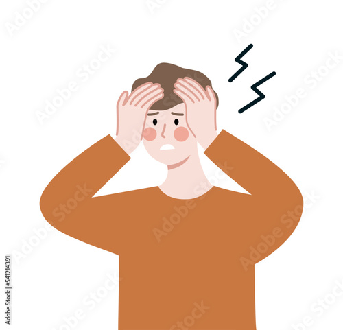 Man touching Head feeling worried and frustration. Stress, mental health, pressure, anxiety, burnout concept. Flat cartoon character vector design illustration isolated on white background.
