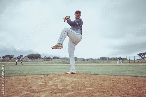 Photography Baseball pitch, athlete and man from Guatemala ready to throw for exercise, training and game workout