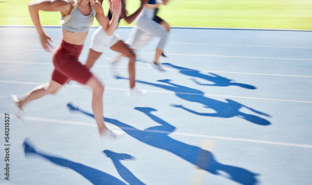 Sports, race and running on track together with athletes in outdoor stadium. Fitness, exercise and blur of people in racing competition for Olympics event. Speed, fast and runners on running track