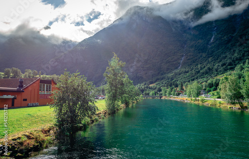 Flåmselvi (or Moldåni) river in Vestland county, Norway. When it reaches the village of Flåm, it empties into Aurlandsfjord. Photo taken in Flåm.