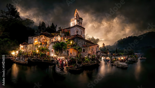 AI generated image of Varenna town and Como lake in Italy at sunset 