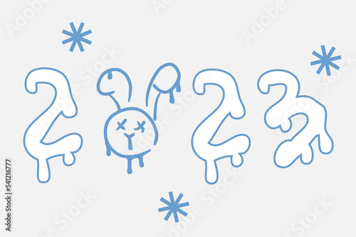 New year 2023 print with dripping rabbit face and snowflakes. Perfect for tee, sticker, poster. Vector illustration for decor and design.
