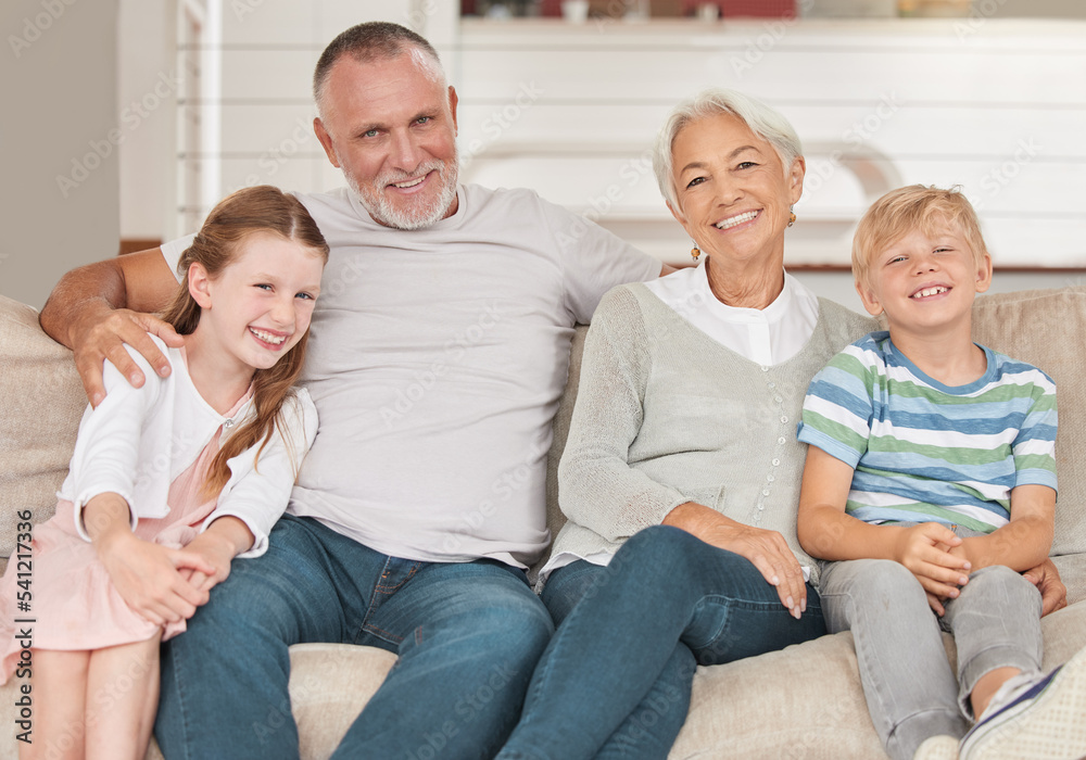 Grandparents, grandkids and being happy to relax and smile together on sofa in living room. Portrait, grandfather and grandmother with grandchildren for love, bonding and happiness on couch as family - obrazy, fototapety, plakaty 