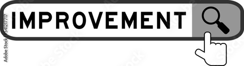 Search banner in word improvement with hand over magnifier icon on white background