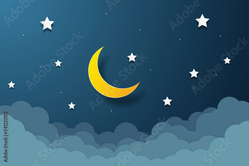 night sky with stars and moon. paper art style. Dreamy background with moon stars and clouds, abstract fantasy background. Half moon, stars and clouds on the dark night sky background.
