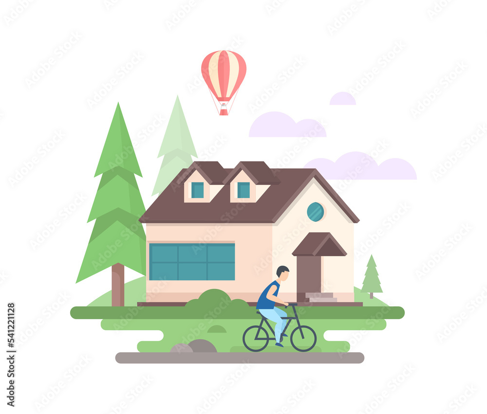 Boy cycling in the town flat design style illustration