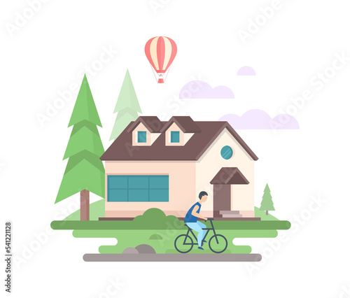 Boy cycling in the town flat design style illustration