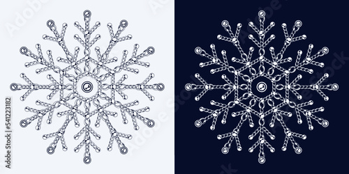 Fancy monochrome snowflake made of jewelry chains with ball beads. Elegant jewel illustration for winter sales, christmas, new year holiday, gift decoration.