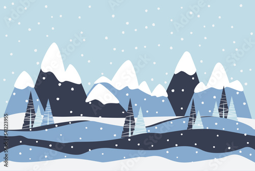 Winter landscape. Mountains, spruces, snow, snowflakes, snowdrifts. Vector illustration for greeting card, banner, postcard, poster