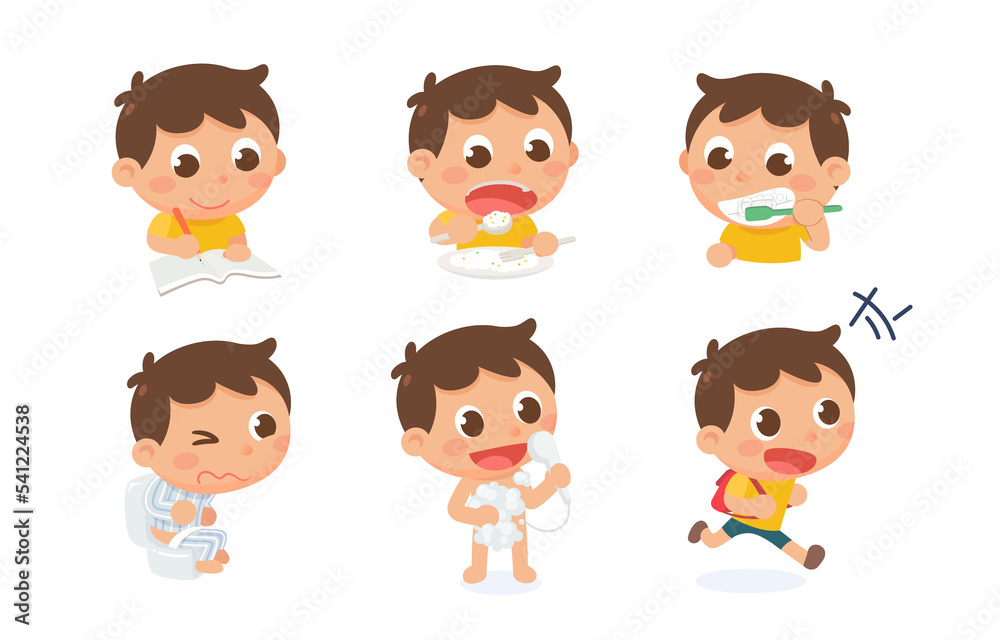 Kid's daily routine in the morning-the kid is doing duty. Cute little boy with different emotions set. Vector illustration in cartoon style. Kid's daily routine in the morning-the kid is doing duty. Cute little boy with different emotions set. Vector illustration in cartoon style.